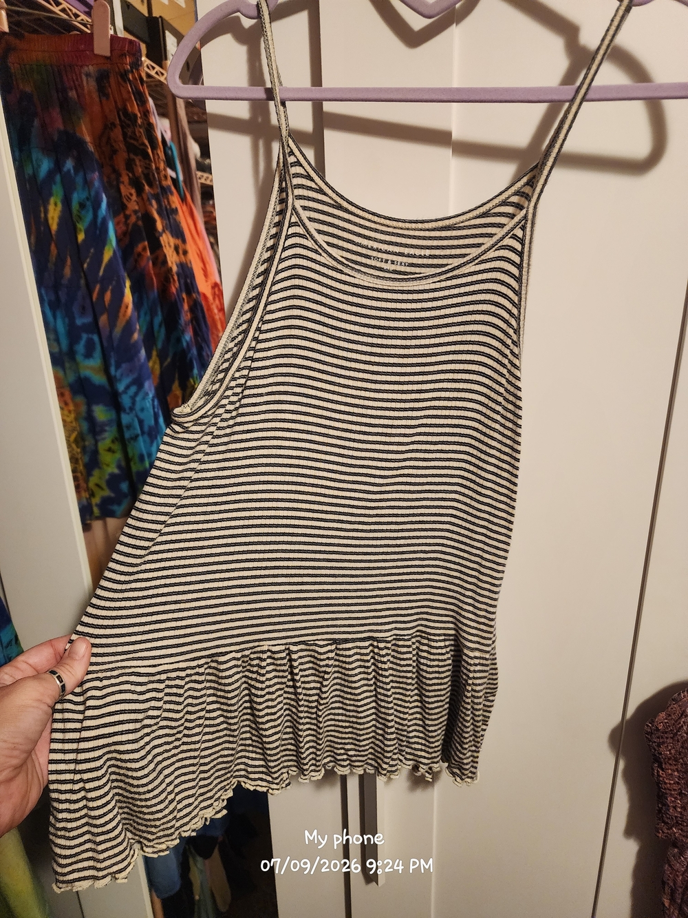 American Eagle Outfitters Black & White Striped Ruffle-Hem Cami